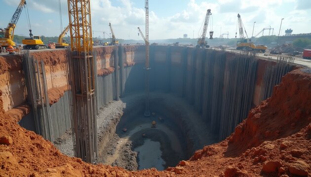 Massive construction pit with vertical steel foundation piles and excavators. Heavy machinery digs deep into earth for large urban development project. Infrastructure progress.