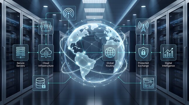 Secure server infrastructure with global routing visualization and digital intelligence dashboards in cloud computing facility