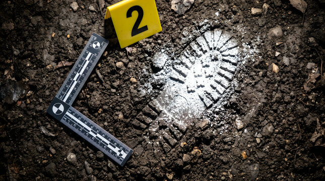 Forensic footprint in dirt with evidence marker and ruler