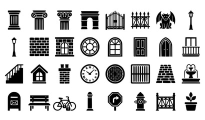 Modern architectural and urban silhouette icon collection with classical columns city streets and historic building details isolated on white background © Jahangir