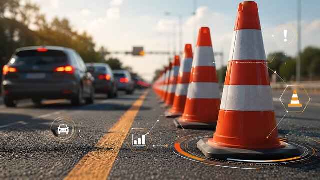 A row of orange traffic cones lines a highway, directing cars during a road construction or closure. The image captures the dynamic flow of traffic and the organized safety measures put in place.