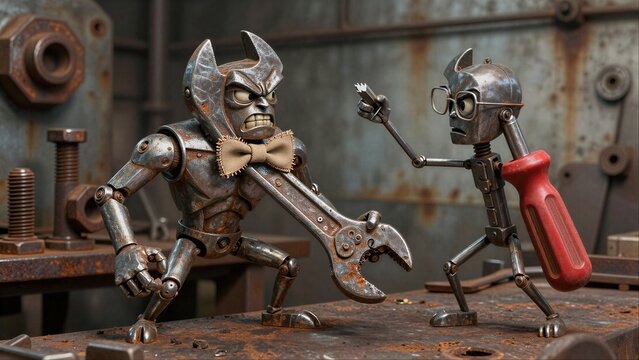Two rusty tool robots battle fiercely in a workshop, one wielding a wrench.