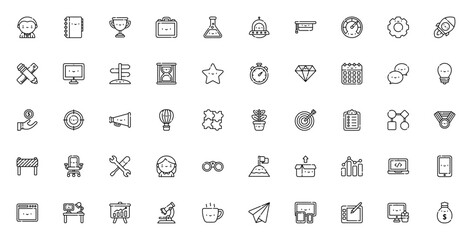 Startups icon set. Minimal vector icons. Featuring Entrepreneur, Rocket, Trophy, Idea, Growth, Target, Workflow, Megaphone, Briefcase, and more. Editable stroke. © wang