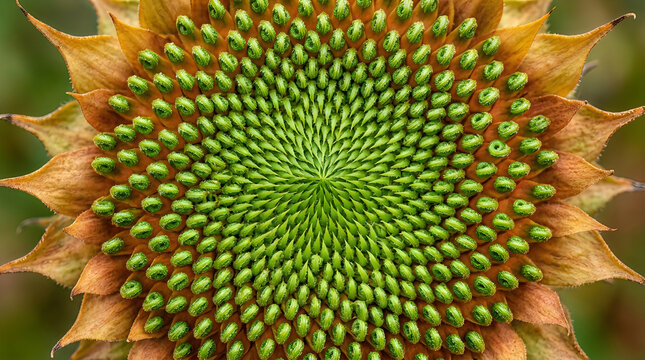 Fibonacci spiral sunflower core, geometric floral pattern with green seeds and orange petals, mathematical nature illustration for organic design