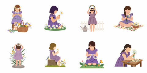Fototapeta premium Vector set of little girls in purple dresses picking flowers, making daisy crowns, and enjoying nature in various outdoor spring and summer scenes.