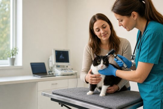 Veterinarian examining cat with owner during a routine checkup in a modern clinic