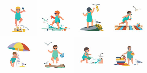 Fototapeta premium Collection of flat vector illustrations depicting a cute toddler enjoying summer beach activities like building sandcastles, eating ice cream, and playing with seagulls.
