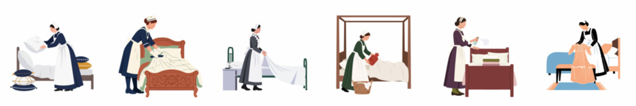 Set of Flat Illustrations Depicting Victorian Housemaids Performing Domestic Chores Such as Bedmaking and Laundry in Period Costumes