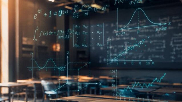 Glowing mathematical equations, statistics graphs and analytical formulas displayed in a modern classroom. Ideal for university education, STEM learning, science, back to school, academic year.
