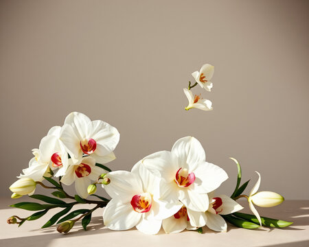 Arrangement &eacute;l&eacute;gant d&rsquo;orchid&eacute;es blanches et de fleurs de lys sur fond beige naturel, composition florale d&eacute;corative minimaliste