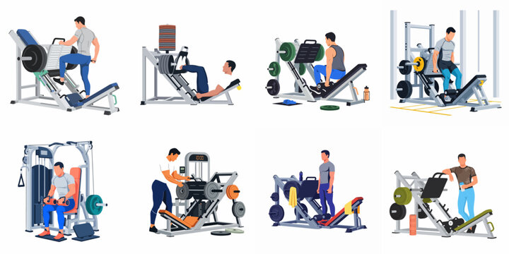 Flat illustration set of men exercising and training on various leg press machines in a gym for muscle building and fitness.