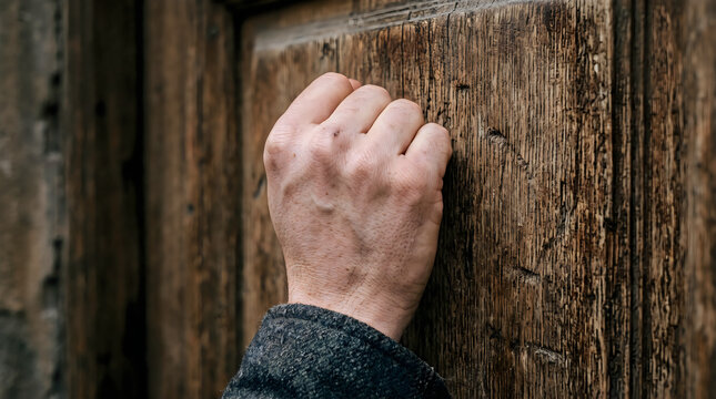 Close up of a person's fist knocking on a weathered wooden door