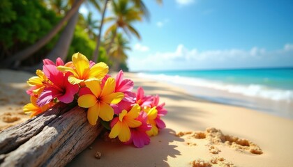 Fototapeta premium Bright Hawaiian lei made of colorful flowers rests on weathered driftwood along sunny tropical beach. Palm trees grow near ocean blue water. Exotic floral garland lies on golden sand. Summer vacation