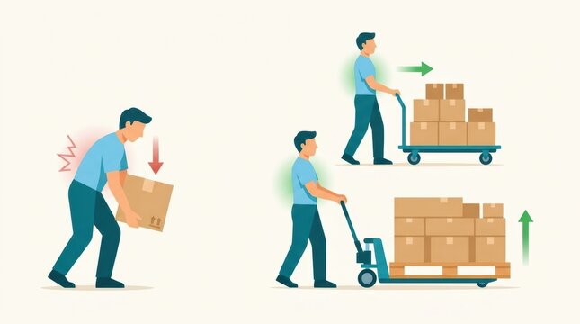 Two workers demonstrate proper techniques for lifting and using trolleys to move boxes in a workplace. Focus on posture and safety.