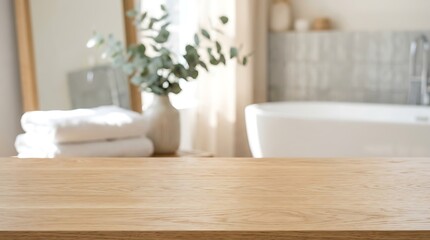 Fototapeta premium Empty wooden table top mockup in bright modern bathroom with bathtub for product display and interior design banner.
