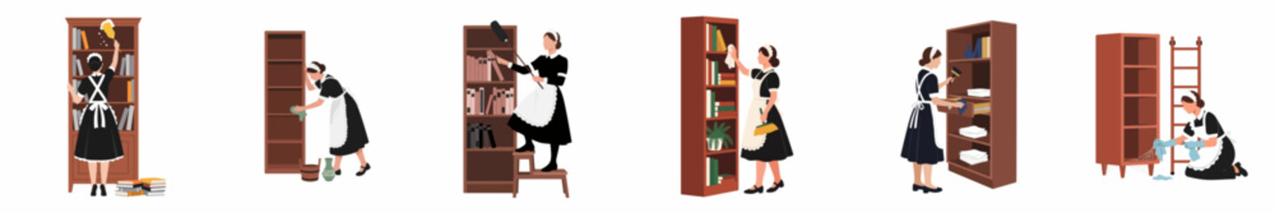 Set of professional maids in traditional uniforms cleaning wooden bookshelves and cabinets, performing dusting and wiping tasks in a series of illustrations. © Maya