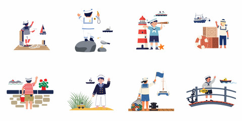 Flat vector illustration set of cute children dressed as sailors in various maritime scenes including ships, lighthouses, and seaside activities.