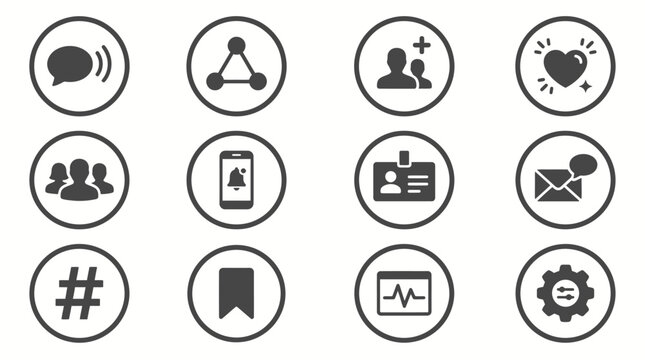 Conjunto de &iacute;cones planos de interface de usu&aacute;rio para redes sociais e comunica&ccedil;&atilde;o digital.