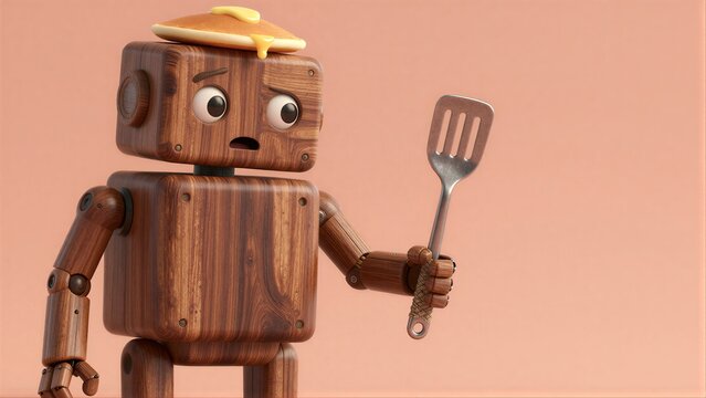 Wooden robot holds spatula, pancake on head, surprised expression against peach background.
