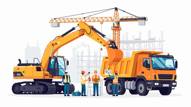 Illustration vectorielle d'un chantier de construction avec une pelleteuse un camion benne et des ouvriers.