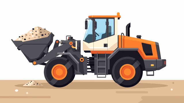 Illustration vectorielle d'une chargeuse sur pneus jaune transportant du sable sur un chantier de construction.
