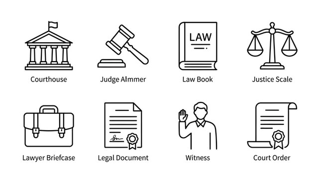 Ensemble d'ic&ocirc;nes de ligne sur le th&egrave;me du droit et de la justice pour les professionnels.