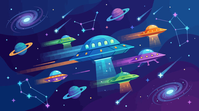 Illustration vectorielle color&eacute;e montrant une flotte de soucoupes volantes voyageant &agrave; travers l'espace profond avec des plan&egrave;tes et des &eacute;toiles.