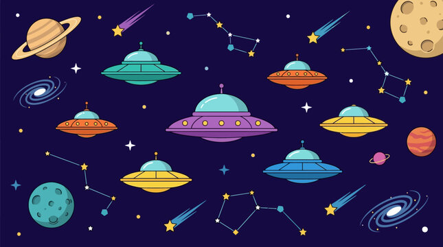 Illustration vectorielle color&eacute;e repr&eacute;sentant des soucoupes volantes et des plan&egrave;tes dans l'espace lointain.