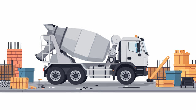 Camion toupie de b&eacute;ton sur un chantier de construction avec des mat&eacute;riaux.