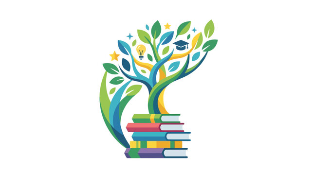 Illustration conceptuelle d'un arbre de la connaissance poussant &agrave; partir d'une pile de livres color&eacute;s.