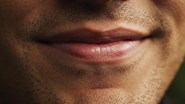 Close-up of a man's mouth speaking, lips moving, detailed texture, natural light