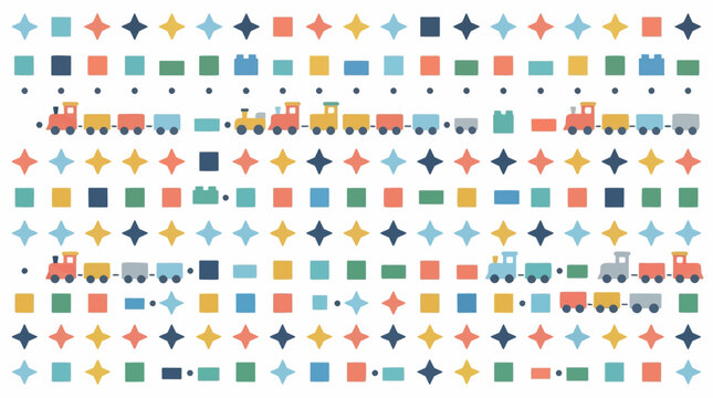 Colorful Toy Train Pattern: A playful and vibrant seamless pattern featuring charming toy trains and geometric shapes in a cheerful palette of pastel colors, perfect for children's designs.
