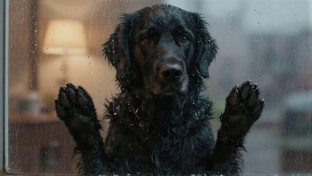 Black dog presses paws on rainy window, gazing longingly at the world outside.