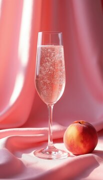 Flute glass filled with bubbly pink champagne sits next to ripe peach on satin fabric. Soft light creates shadows and highlights on pink drapes.