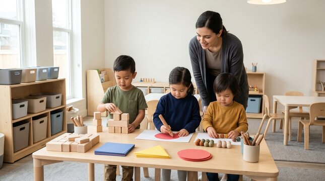 Daycare creative play table with supervised preschool learning activity