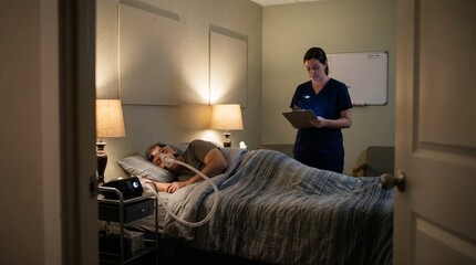 Fototapeta premium Sleep Clinic CPAP Titration Night With Technician Monitoring Patient