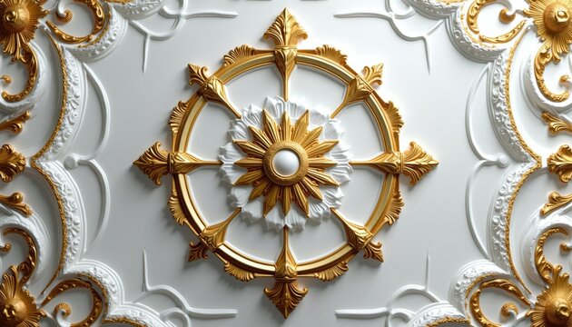 Ornate gold white ceiling design with 3d relief texture background. Royal classic architecture interior style features floral ornament carvings, symmetrical mandala pattern elements. Luxury vintage