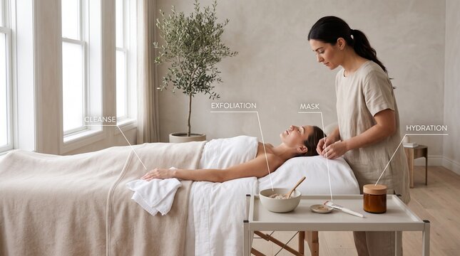 Spa Treatment Room Hero Scene With Facial Process Infographic Callouts