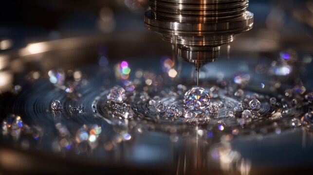 Macro view of microscopic actuators precisely manipulating intricate diamond structures in a liquid medium