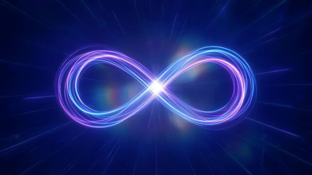 Glowing infinity symbol pulsing with neon light rays on dark blue background for technology and science intro