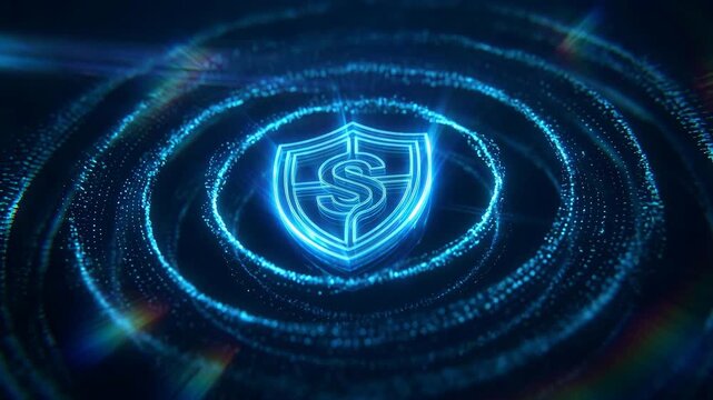 Glowing blue shield with dollar sign rotating on dark digital background for cybersecurity and fintech intro