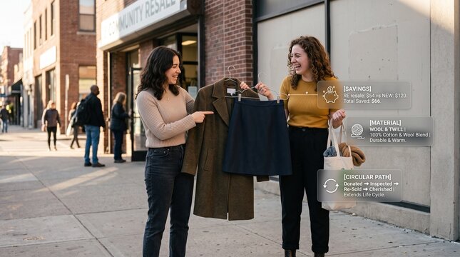 Resale Store Exit Moment With Circular Savings Fashion Overlay