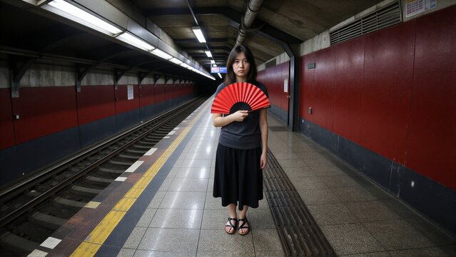 Young woman holds red fan on subway platform, standing alone under fluorescent lights.