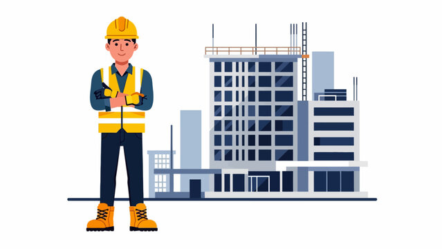 Un ing&eacute;nieur en b&acirc;timent portant un casque de s&eacute;curit&eacute; devant un chantier de construction moderne.
