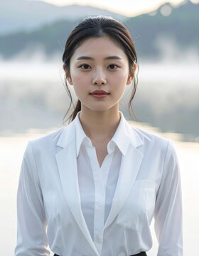 Young Asian woman portrait. Professional female in white shirt outdoors.