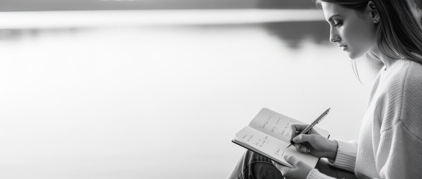 Young woman writing in a journal. Student taking notes in a notebook.