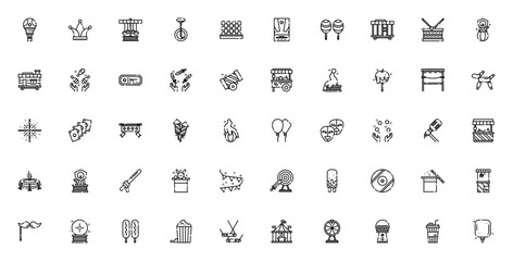 Circus icon set. Carnival vector pack. Minimal line icons. Features balloon, carousel, lion, tent, popcorn, ticket, cotton candy, magic hat, and more. Editable vector stroke. © wang