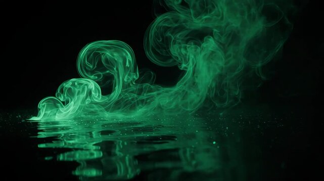 Green glowing smoke flowing over dark reflective surface for mystery and horror background