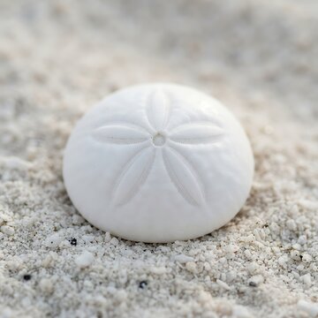 White Sea Urchin Shell with Star Pattern on Fine Sand Macro Coastal Close Up