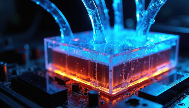 Custom liquid cooling system for computer processor on dark motherboard. Transparent block shows blue coolant flowing over copper heatsink metal fins. Modern electronic hardware component maintains